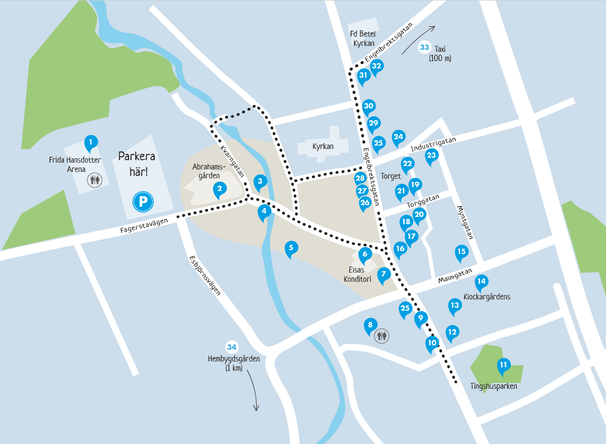 Karta över Norbergs centrum, numrerad var butiker ligger.